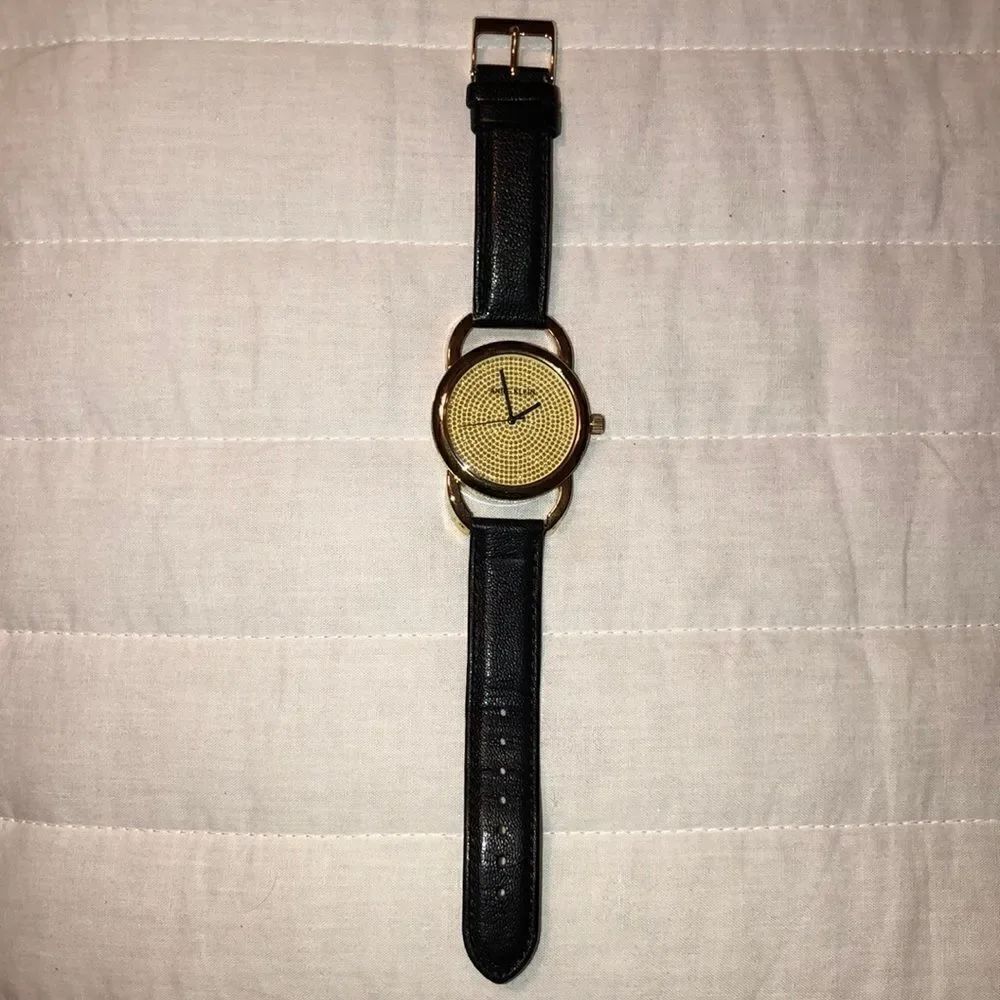 AK Gold Tone Rhinestone Wrist Watch Black Genuine Leather Strap
